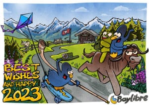 Tux the Linux penguin and the green Android robot are riding a gnu down a road in the countryside. Along side them is another Tux riding a skateboard holding a kite in the shape of the Zephyr logo. In the distance is a cabin with the Swiss flag and the snow topped Alps. Text in lower left reads: Best Wishes and Happy 2023.