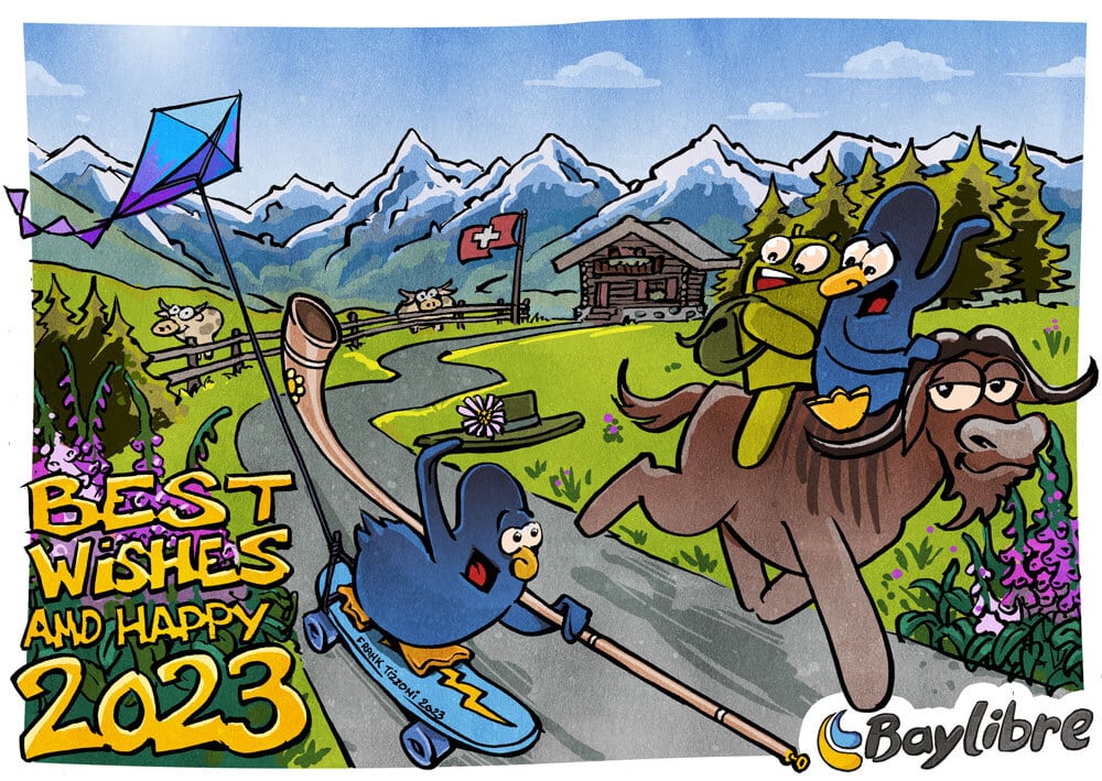 Tux the Linux penguin and the green Android robot are riding a gnu down a road in the countryside. Along side them is another Tux riding a skateboard holding a kite in the shape of the Zephyr logo. In the distance is a cabin with the Swiss flag and the snow topped Alps. Text in lower left reads: Best Wishes and Happy 2023.